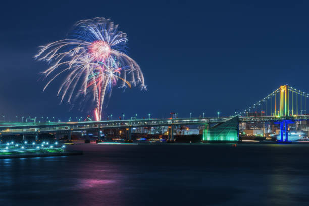 istock Fireworks and Rainbow Bridge inTokyo at Night 1076639656