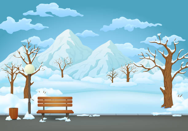 winterpark tag. schneebedeckte holzbank, papierkorb und straßenlaterne auf ein asphalt-park-trail mit schneebedeckten bergen im hintergrund. - snow park road cold stock-grafiken, -clipart, -cartoons und -symbole