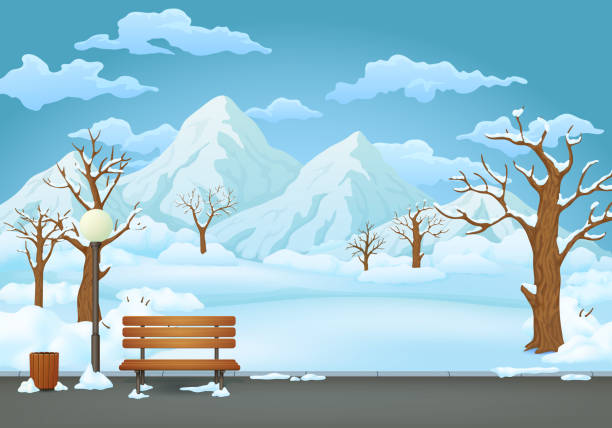 illustrations, cliparts, dessins animés et icônes de parc de journée d’hiver. banc en bois, poubelle et réverbère sur une piste asphalte de parc avec des montagnes enneigées dans le fond couvert de neige. - hillock