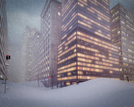 Digitally generated heavy snowfall (blizzard) in a urban area.\n\nThe scene was rendered with photorealistic shaders and lighting in Autodesk® 3ds Max 2016 with V-Ray 3.6 with some post-production added.