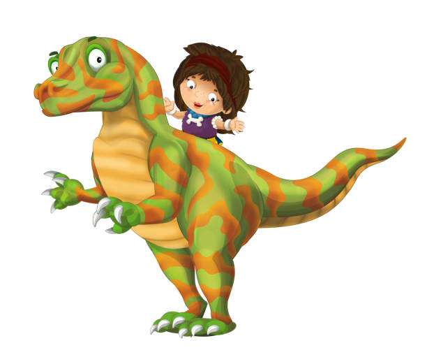 istock cartoon happy scene with caveman woman on dinosaur velociraptor on white background 1076644910