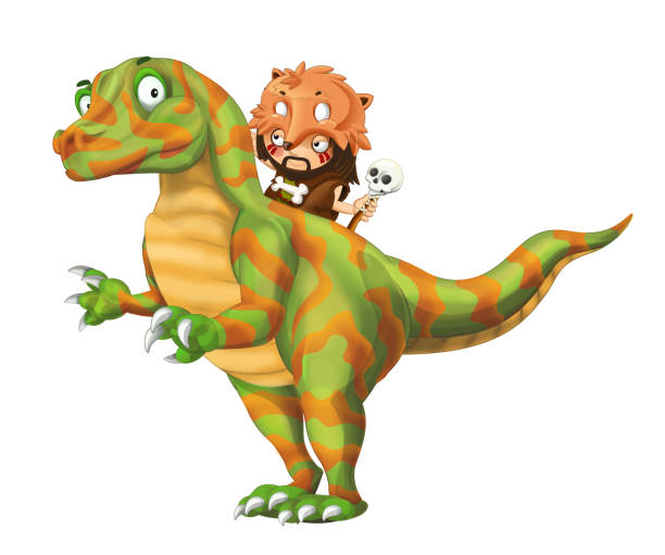 istock cartoon happy scene with caveman man on dinosaur velociraptor on white background 1076645372