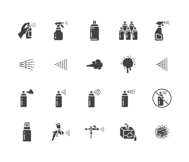 ilustrações de stock, clip art, desenhos animados e ícones de spray can flat glyph icons set. hand with aerosol, airbrush, powder coating, graffiti art, cough effect vector illustrations. signs for disinfection, cleaning. solid silhouette pixel perfect 64x64 - spraying