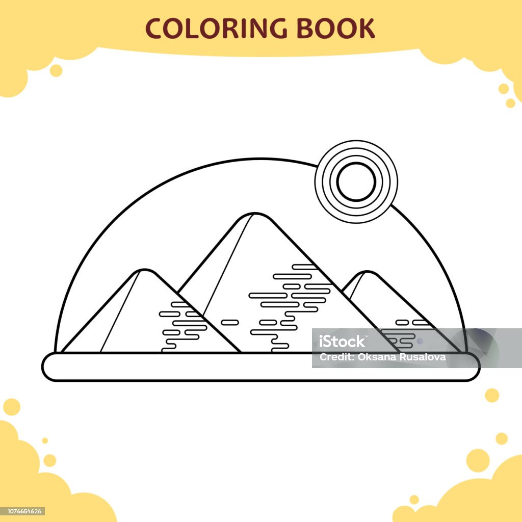 Coloring book page for kids. The Giza pyramids under sun Africa stock vector