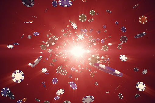 Flying casino chips in camera with rays of light on a colorful background 3d illustration