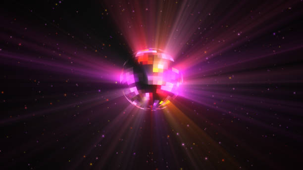 3d illustration rotation of a colorful multi-colored disco ball with particles and rays