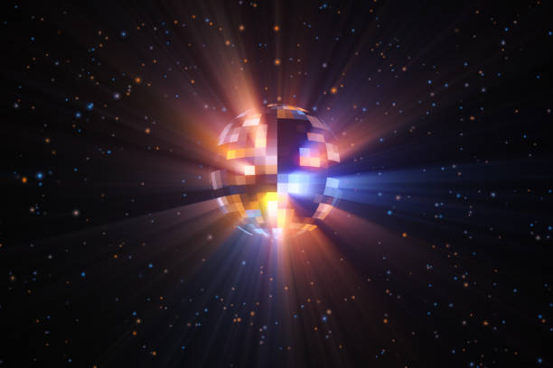 istock 3d illustration rotation of a colorful multi-colored disco ball with particles and rays 1076664616