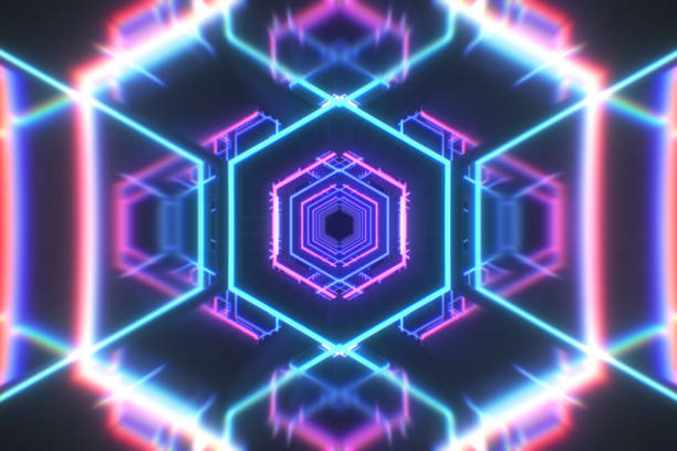 istock Abstract flight in a hexagonal tunnel in retro futuristic style, 3d illustration 1076664618