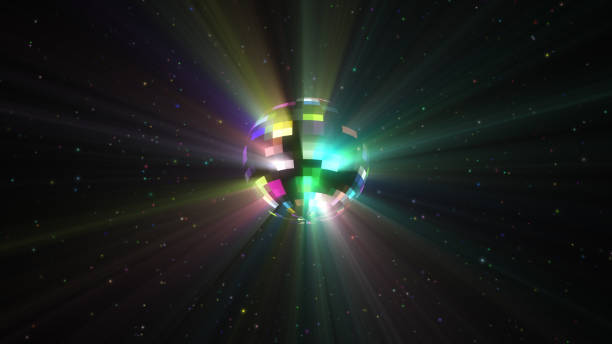 istock 3d illustration rotation of a colorful multi-colored disco ball with particles and rays 1076664636