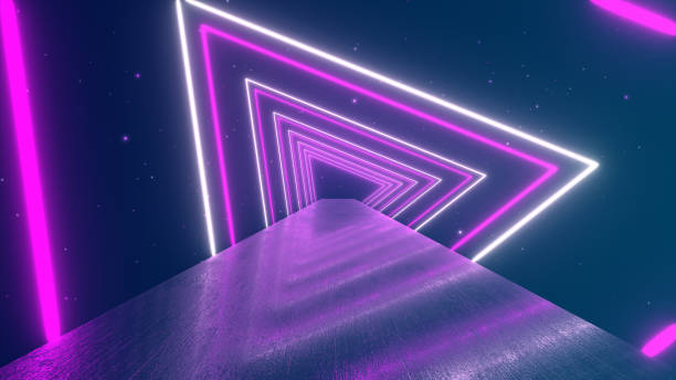 istock Flying through glowing rotating neon triangles creating a tunnel, blue red pink violet spectrum, fluorescent ultraviolet light, modern colorful lighting, 3d illustration 1076664784