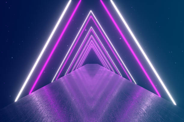 istock Flying through glowing rotating neon triangles creating a tunnel, blue red pink violet spectrum, fluorescent ultraviolet light, modern colorful lighting, 3d illustration 1076664790