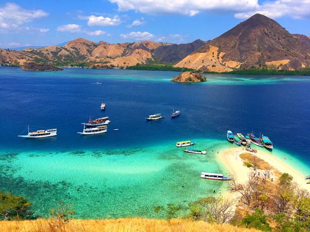 barche turistiche sulla costa dell'isola di kelor, isola di komodo (parco nazionale di komodo), labuan bajo, flores, indonesia - tenggara foto e immagini stock