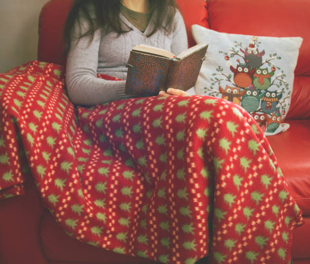 Holiday rest Relax while reading a book, covered by a warm plaid on the sofa
Rilassarsi leggendo un libro, coperti da un caldo pile sul divano red cushion covers stock pictures, royalty-free photos & images