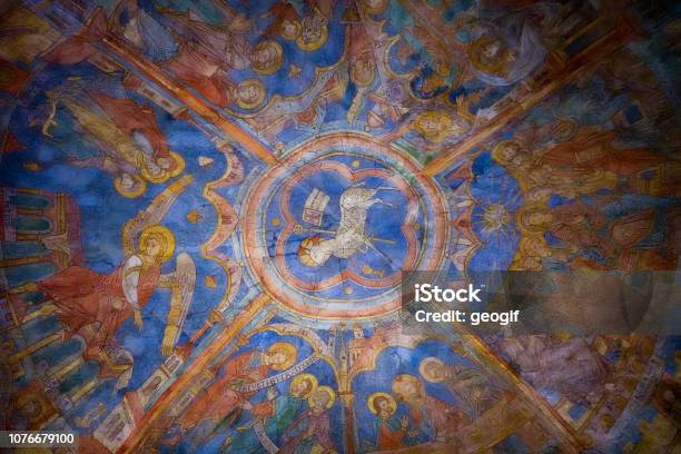 Colourful Medieval Painting On The Ceiling Of The Main Nave In Braunschweig Cathedral With The Peaceful Sheep Of Jesus In The Centre Stock Photo - Download Image Now