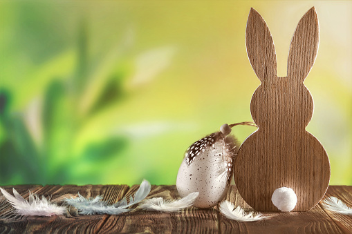Easter Bunny with easter egg on spring background with leaves grass with sunshine. Easter greeting Card order border with copy space.