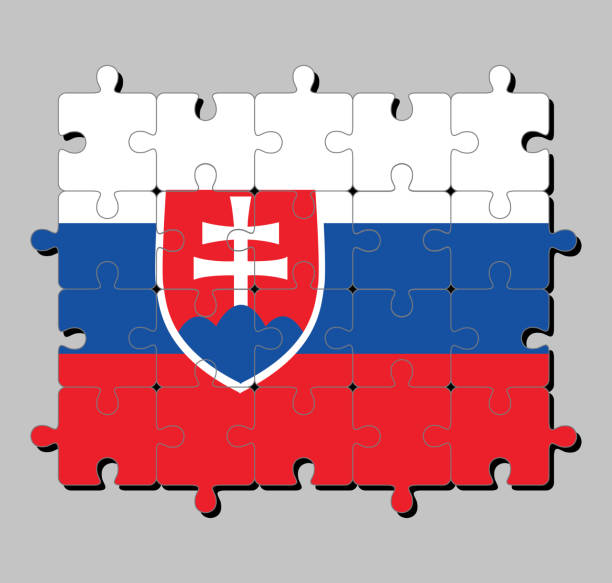 istock Jigsaw puzzle of Slovakia flag in white blue and red; charged with a shield containing a white cross is placed to left of center. 1076687944