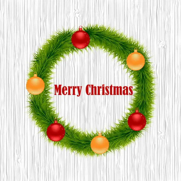 Vector illustration of Christmas wreath on a wooden background. Christmas decoration on wooden background. Christmas design