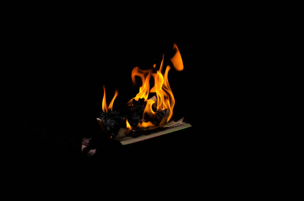 Burning book on a black background Burning book in a man's hand on a black background. book burning photos stock pictures, royalty-free photos & images