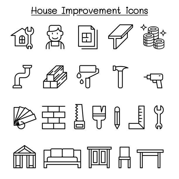 ilustraciones, imágenes clip art, dibujos animados e iconos de stock de icono de casa mejora en estilo de línea fina - interface icons hammer home interior house
