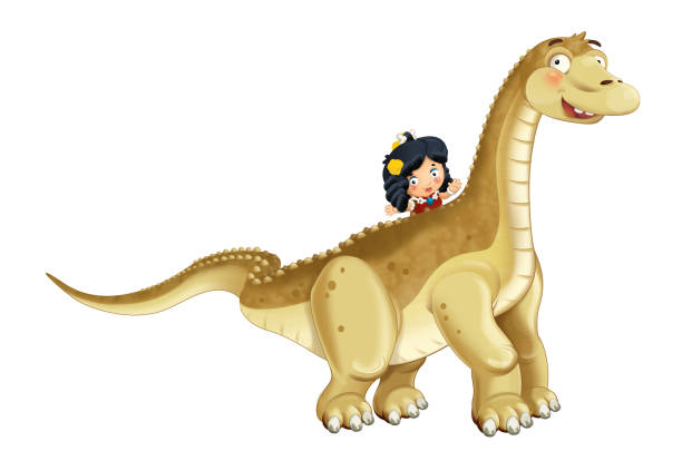 istock cartoon happy scene with caveman woman on diplodocus on white background 1076694856