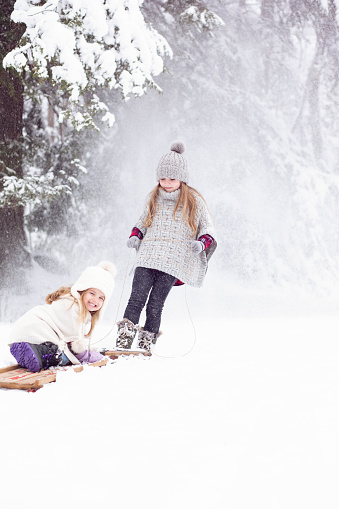 Two little girls having fun playing in freshly fallen snow on a beautiful winter day.
