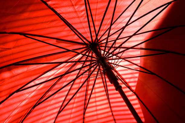 istock Inside red umbrella and sunlight with shadow, Sunshine through parasol. 1076699398
