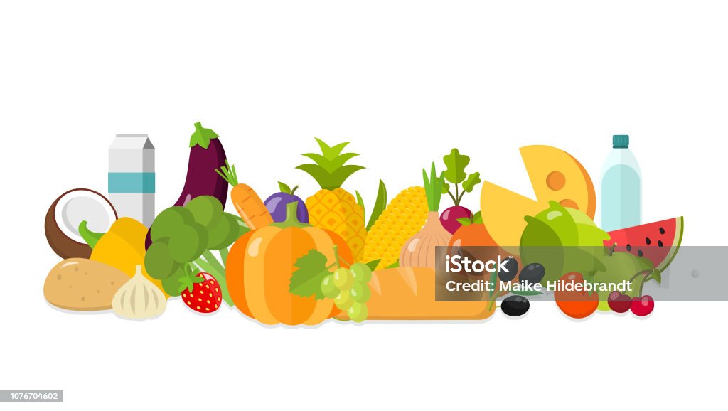 healthy food vegetables fruit bread flat design isolated on white background healthy vegetarian food Agriculture stock vector