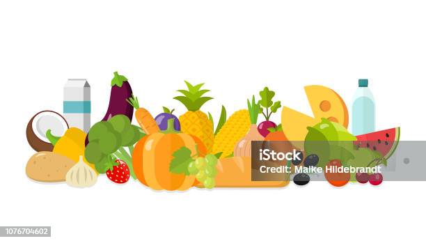 Healthy Food Vegetables Fruit Bread Flat Design Isolated On White Background Stock Illustration - Download Image Now