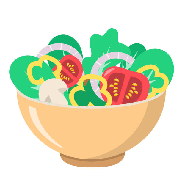 ilustrações de stock, clip art, desenhos animados e ícones de salad bowl healthy food vegetables flat design isolated on white background - onion vegetable leaf spice