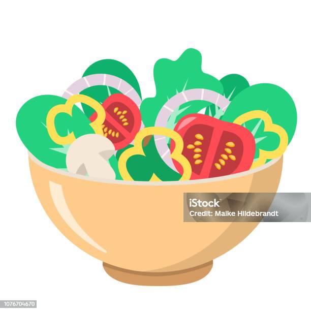 Salad Bowl Healthy Food Vegetables Flat Design Isolated On White Background Stock Illustration - Download Image Now