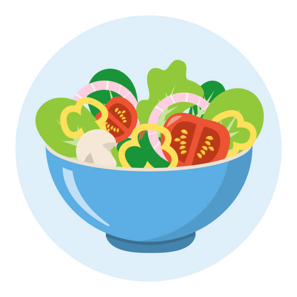 ilustrações de stock, clip art, desenhos animados e ícones de salad bowl healthy food vegetables flat design isolated on white background - onion vegetable leaf spice