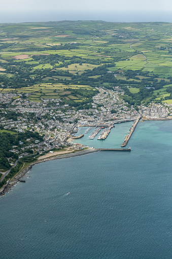 Aerial views over the Coast at Marazion, Cornwall on a sunny June day.