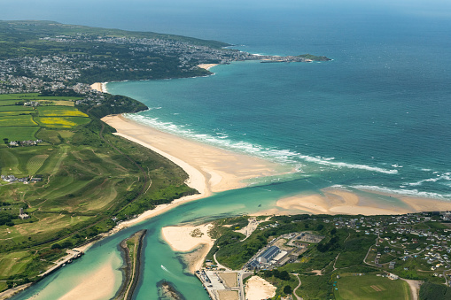 Aerial Views over Hayle, views towards St. Ives,  Cornwall on a sunny June day.