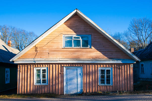 Trakai, Vilnius / Lithuania - November 30 2018: Old lithuanian wooden house with three windows