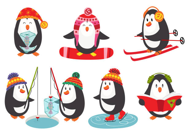 illustrazioni stock, clip art, cartoni animati e icone di tendenza di set di pinguini isolati carini - ice skating sports venue animal winter