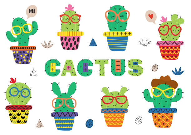 ilustraciones, imágenes clip art, dibujos animados e iconos de stock de conjunto de aislados divertidos cactus en gafas - cactus