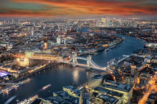 istock Panoramic view to the skyline of London during sunset time 1076708248