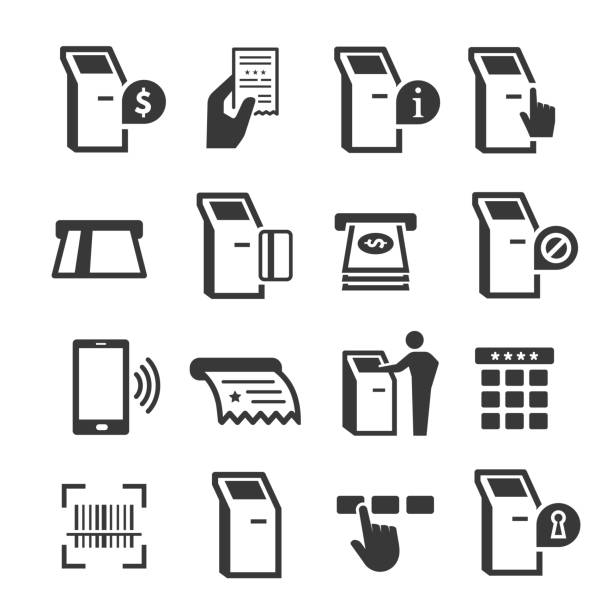 ilustrações, clipart, desenhos animados e ícones de quiosque terminal com conjunto de ícones do display interativo - showing buying paying clipping path