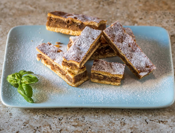istock Slices of cake on blue plate with powdered sugar. 1076709712