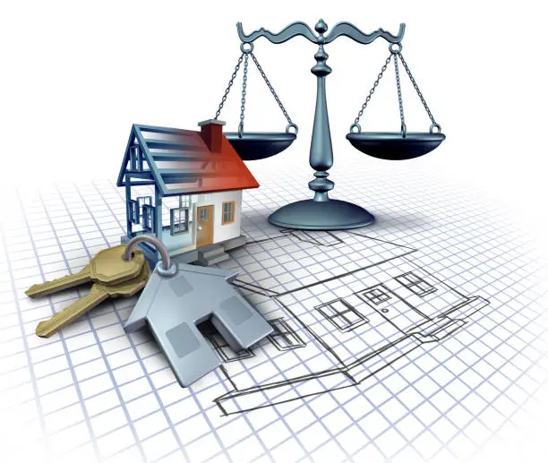 Home construction law and legal building codes as a real estate legislation featuring blue print plans with house keys and a three dimensional residential structure with a justice scale on white as a 3D illustration.