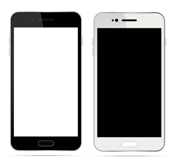 illustrations, cliparts, dessins animés et icônes de réaliste noir et blanc smartphone avec écran tactile blanc isolé sur fond blanc. illustration vectorielle - androïde