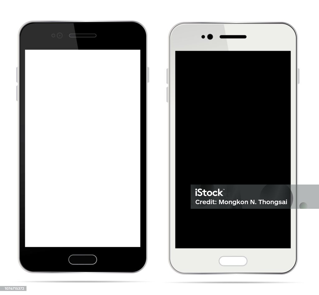 Realistic white and black smartphone with blank touch screen isolated on white background. Vector illustration Telephone stock vector