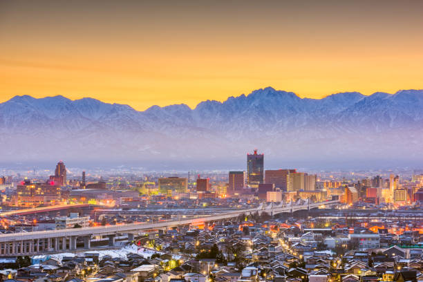 istock Toyama, Japan Skyline and Mountains 1076730046