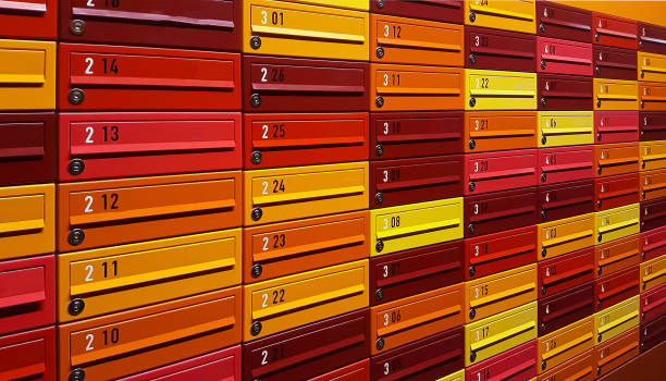 Multicolored mail boxes filled of numbers. Closed up.