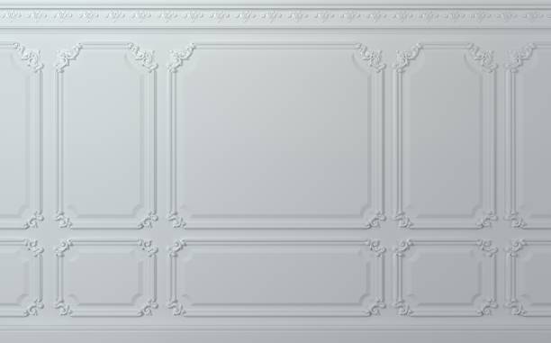 istock Classic wall of white wood panels. Design and technology 1076754584