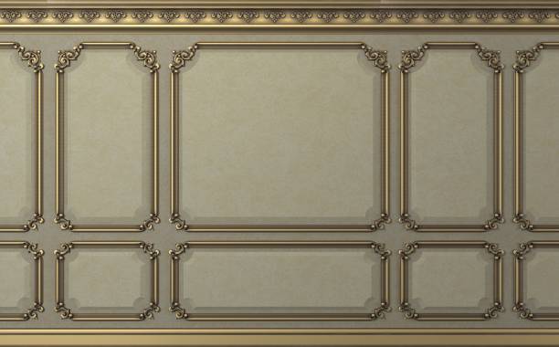 istock Classic wall of biege wood panels. Design and technology 1076754586