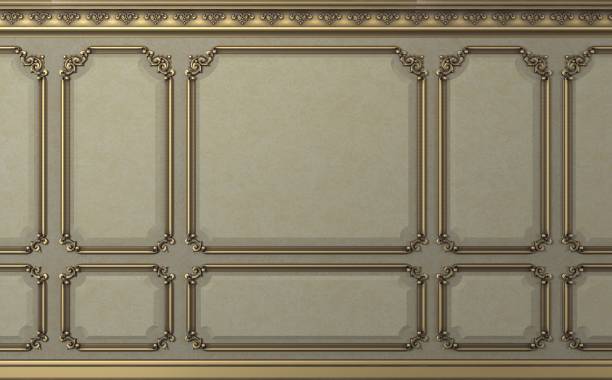 Classic wall of biege wood panels. Design and technology 3d illustration. Classic wall of biege old gold wood panels. Joinery in the interior. Background. architectural cornice stock pictures, royalty-free photos & images