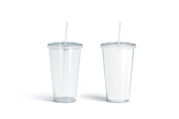 Blank white and transparent acrylic tumbler with straw mockup set, Blank white and transparent acrylic tumbler with straw mockup set, 3d rendering. Empty translucent and matt flask mock up, isolated. Plexiglass beverage mug with pipe template. white plastic tube stock pictures, royalty-free photos & images