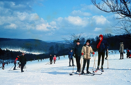 Black forest, Germany - Winter 1967: Skiing on a hill in the black forest. In the mid 1960s. Federal state of Baden-Wurttemberg. Europe. Digitized slide.