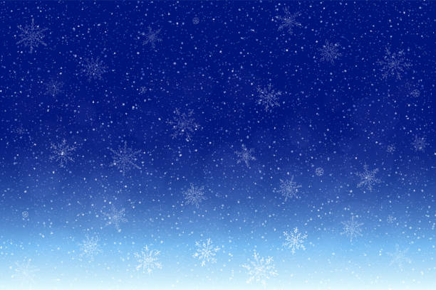 noel - kış mavi arka plan: yağan kar, kar taneleri ve ufuk ışık - holiday background stock illustrations